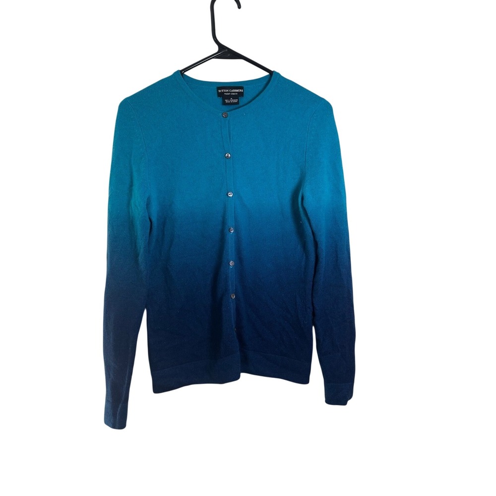 Sutton Cashmere Women Teal Blue Ombre Gradient Button Front Cardigan Sweater M